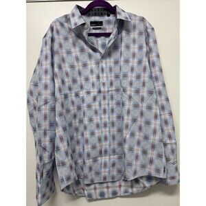 QUIETI Jacquard Plaid Long Sleeve Woven Shirt XL 100% Fine Cotton